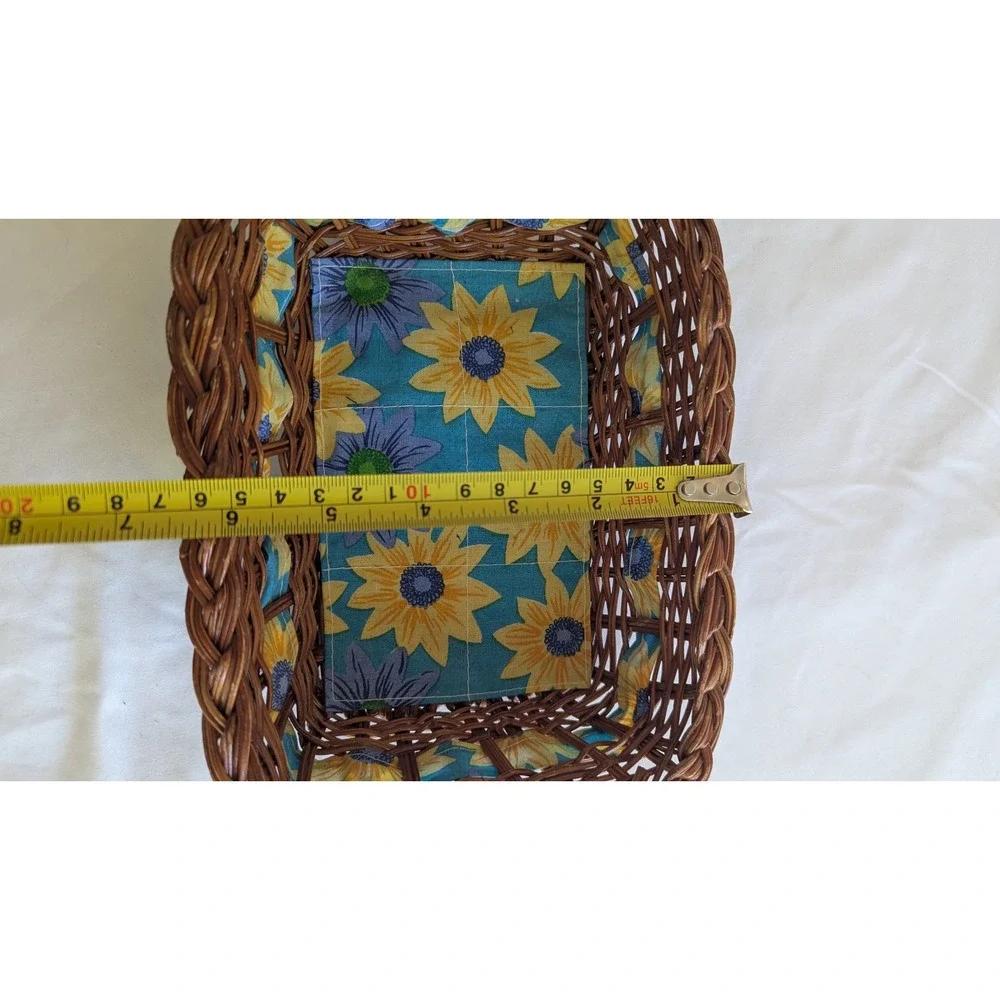 Brown Wicker Basket with Sunflower Fabric Liner Rectangular Storage with Handles